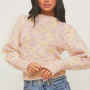 All in Favor Pastel Rainbow Chunky Knit Sweater Balloon Blouson Sleeve Sweater L